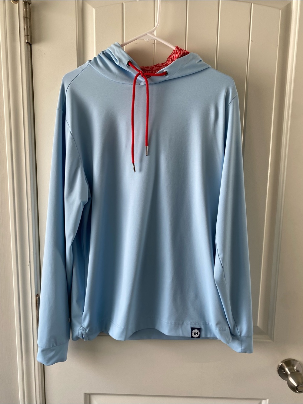 Men's Light Blue Hooded Pullover with Red Drawcord